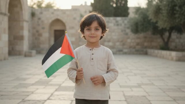Young Child Holding a Palestinian Flag in a Stone Courtyard