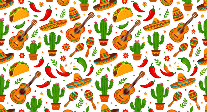Cinco de Mayo seamless pattern with tacos sombreros guitars cacti chili peppers and maracas