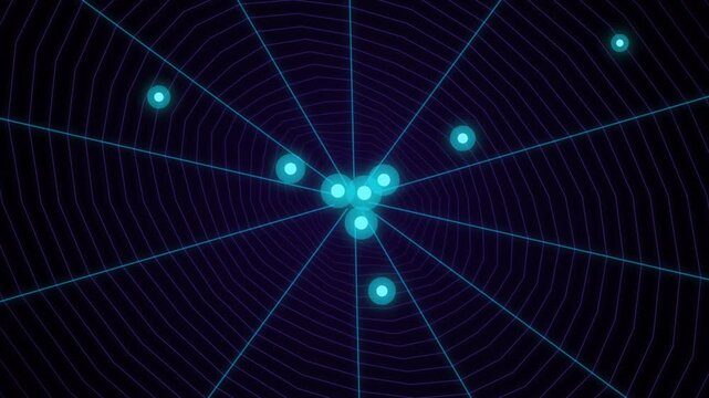 Futuristic digital radar system animation displaying glowing cyan network nodes across an intricate web grid background for high tech cyber security motion graphics presentation overlay
