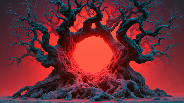 Surreal tree twisted branch glowing red fantasy landscape dark root abstract nature eerie scene dramatic light alien forest mystical atmosphere