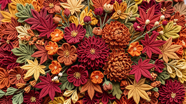 つまみ細工の菊や紅葉の造花がぎっしり詰まった秋の和風フラワーアレンジメント