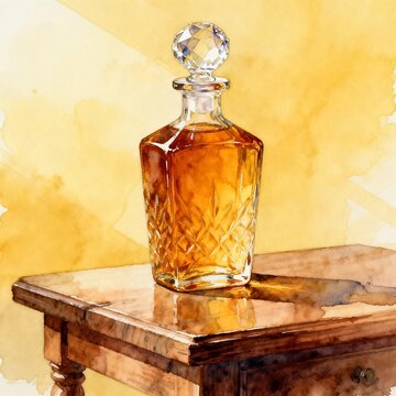 Crystal Decanter with Amber Liquid on Wooden Table Watercolor Art
