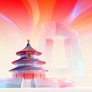 Traditional and Modern Architectural Structures in Vibrant Digital Art