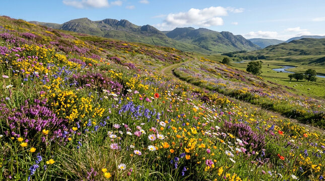 Beautiful wild colorful flowers blooming on a scenic hillside with mountains and a valley in the background under a blue sky