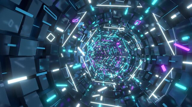 Moving through a futuristic neon tunnel, looping 3D animation. Seamless loop footage.
