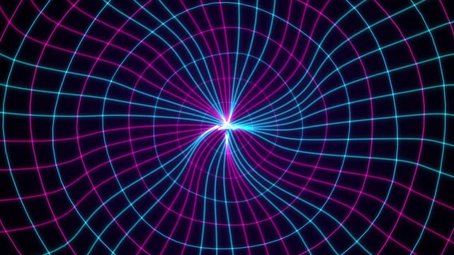 Futuristic neon grid tunnel background featuring spiraling blue pink wireframe lines twisting towards a glowing bright central star point for synthwave VJ loop motion graphics visualizer