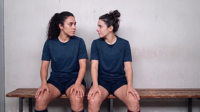 Two amateur teammates sharing a supportive look on a bench