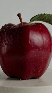 Vertical video: Shifting camera revealing red apple on pale plate, showing droplets and leaf