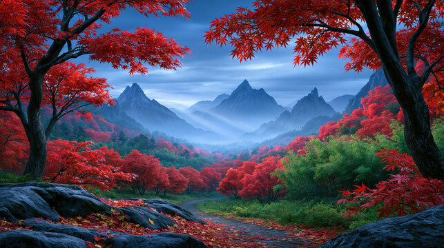 Autumn mountain valley red tree misty peak forest path blue sky scenic landscape colorful foliage natural park dawn light tranquil view