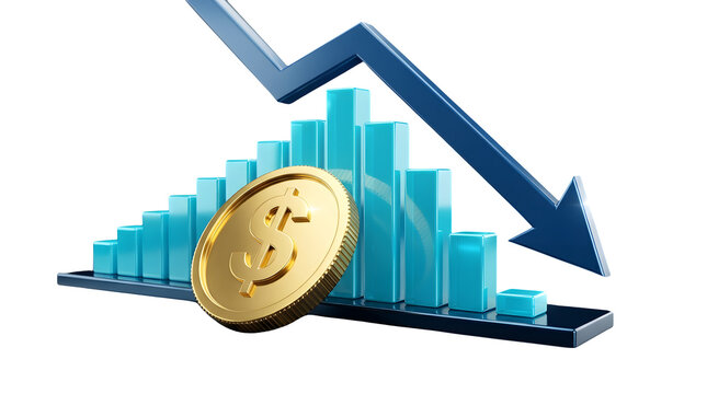 Falling arrow over declining bar chart with coin with downward arrow gold on transparent background