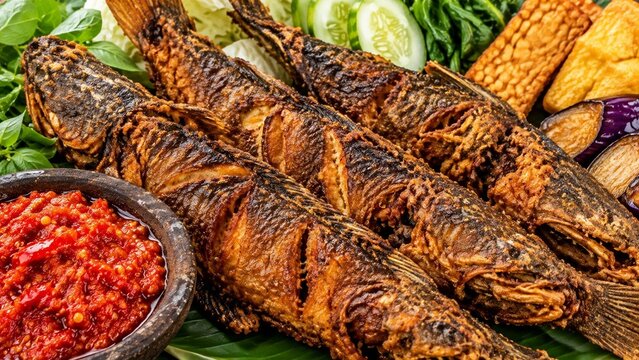 Pecel Lele Background. Indonesian Food.