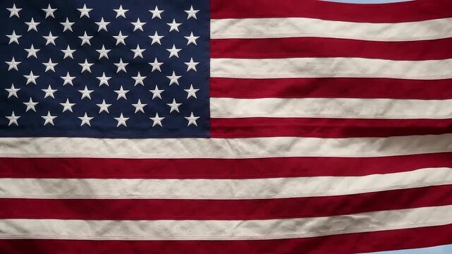 Full frame video of USA American flag waving in the wind, realistic fabric texture background, concept of United States patriotism, Independence Day, election, and national pride