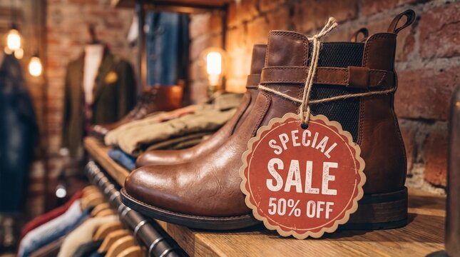 Leather Ankle Boots Displayed on Store Shelf with Seasonal Fifty Percent Off Promotional Discount Tag for Retail Clearance Sale Event