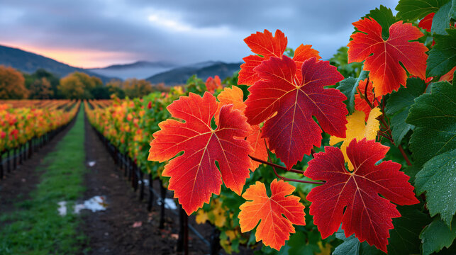Autumn vineyard red leaf grapevine row landscape sunset mountain countryside peaceful colorful