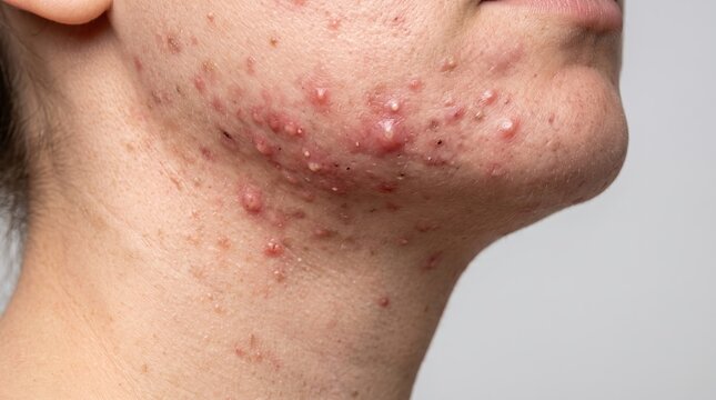 Severe cystic acne and blemishes on the chin and jawline of a young adult
