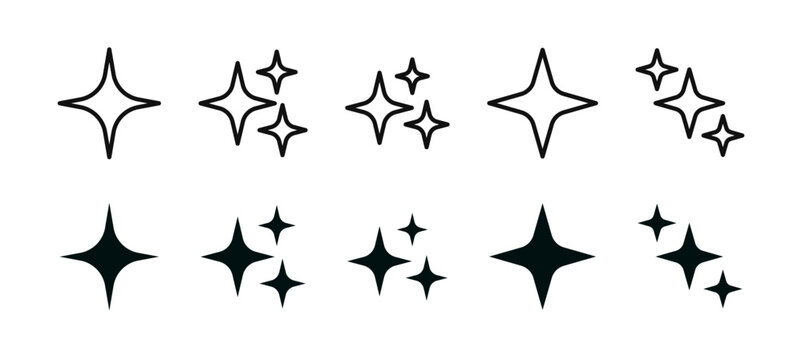 Sparkles magic shine starburst line and solid icon set