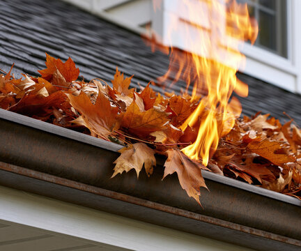 Dry leaf gutter fire, roof gutter filled with dry leaf burning near house exterior, fire risk from autumn leaf buildup on roof gutter