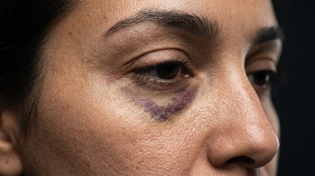 Macro close-up of woman with purple under-eye bruise and periorbital hematoma against dark background