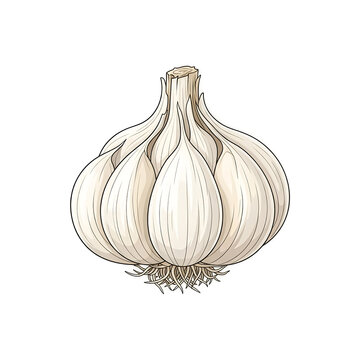 cartoon illustration of a fresh garlic bulb with white cloves, a cut stem, and rootlets at the base