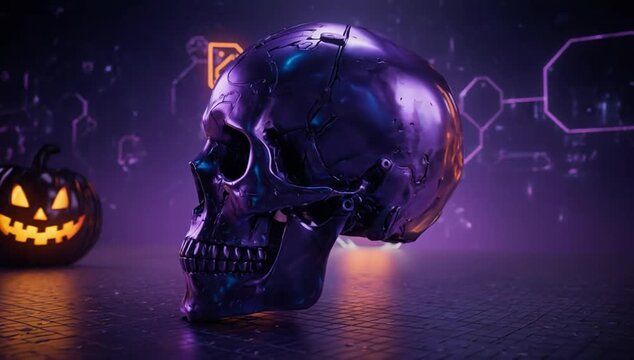 Halloween skulls with glowing pumpkins and geometric patterns in dark atmospheric lighting