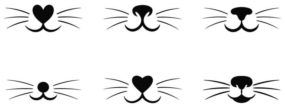 Cat nose and whiskers vector set featuring heart-shaped animal snouts, feline facial elements, kitty muzzle silhouettes, and cute pet face line art isolated