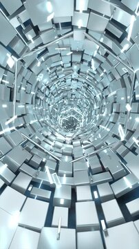 Moving through a futuristic white panel tunnel, looping 3D animation. Seamless loop footage. Vertical video.