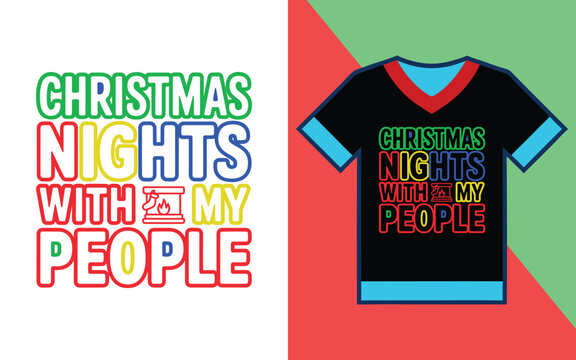Christmas nights with my people typography with fireplace for holiday apparel and t-shirt prints