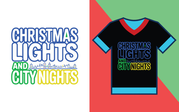 Christmas lights and city nights text with skyline and matching black v-neck t-shirt apparel mockup