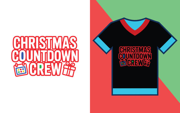 Christmas countdown crew text with calendar and gift on a black t-shirt with blue and red trim