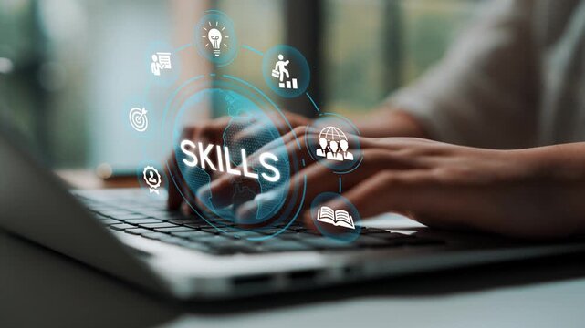 Modern Workplace Technology Showcasing Skills Development and Digital Learning Concept with Hands on Laptop Keyboard and Graphic Icons. Entropy.