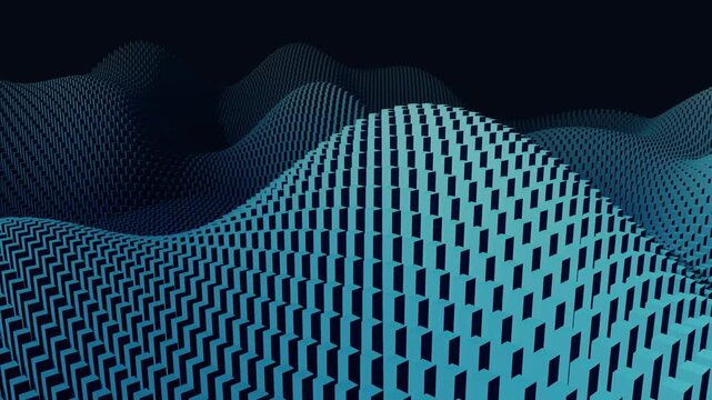 Abstract 3D digital landscape with undulating blue cubes