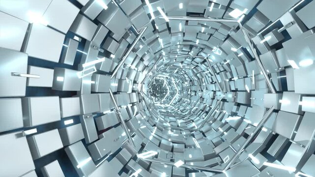 Moving through a futuristic white panel tunnel, looping 3D animation. Seamless loop footage.