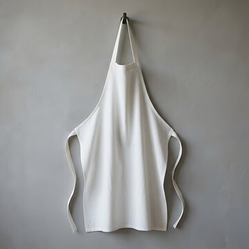A clean white cotton kitchen apron hanging gracefully on a grey wall hook inside a minimalist home interior