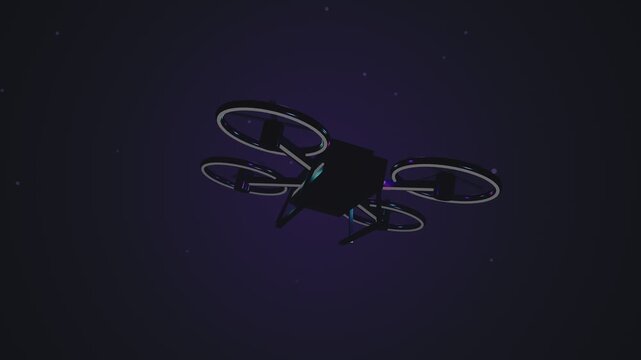 Neon illuminated quadcopter flying through space