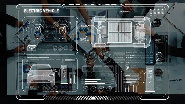 This image showcases a digital dashboard of an electric vehicle, featuring various metrics and data visualizations. It highlights modern technology and collaboration among users. Raster
