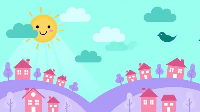 Charming flat vector illustration of a sunny countryside village with cute houses and clouds