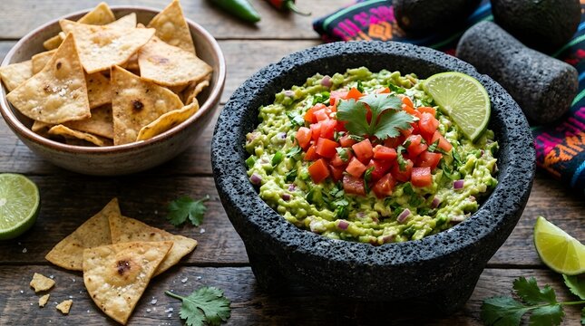 Fresh guacamole with diced tomatoes and cilantro served with tortilla chips