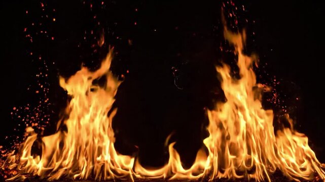Realistic Flames and Rising Sparks on Black Background
