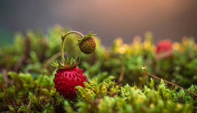 Macro shot of ripe and unripe wild strawberries in moss