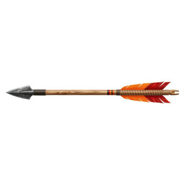Traditional wooden hunting arrow with stone arrowhead and colorful feathers isolated on white background