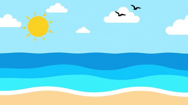 Flat Vector Illustration of a Sunny Tropical Beach with Blue Ocean Waves and Sand