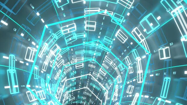 Moving through a cyan wireframe tunnel, looping 3D animation. Seamless loop footage.