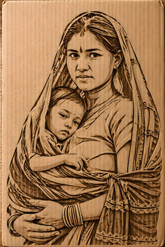 Mother holding baby traditional south asian embroidered shawl illustration clipart