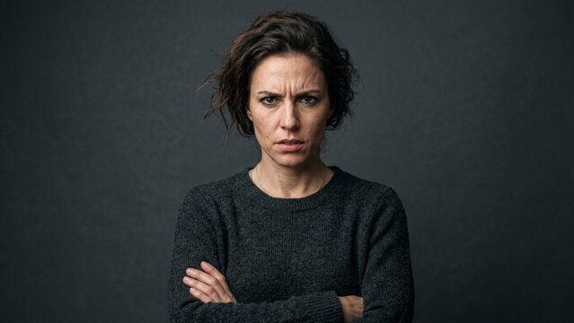 Portrait of an angry woman looking at the camera with arms crossed
