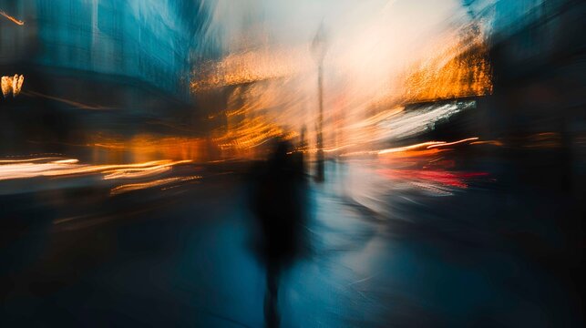 Person walking through city street at dusk with motion blur with Blurred silhouette captures fast movement along illuminated urban road twilight streetscape reflection with nighttime