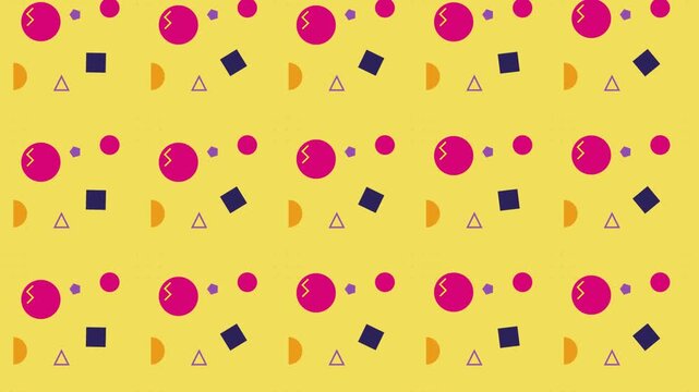 Animated retro Memphis geometric pattern background with vibrant pink circles blue squares orange half circles and triangles on bright yellow backdrop for trendy modern commercial motion design