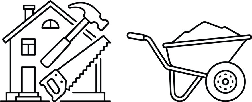 Home repair and building improvement line art elements featuring house tools and sand wheelbarrow vector