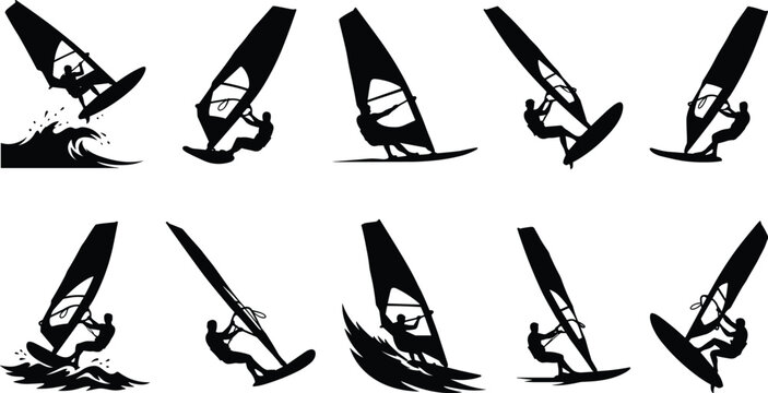 Windsurfing Silhouette Collection Featuring Nine Athletes Sailing with Windsurf Boards and Dynamic Ocean Waves