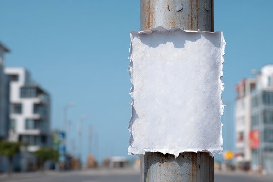 A blank, torn white poster is attached to a rusty metal pole on a street. This provides a clear empty canvas for advertising or notices.