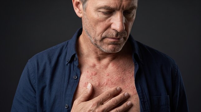 Mature man in unbuttoned blue shirt touching red itchy urticaria hives and allergic contact dermatitis rash on chest